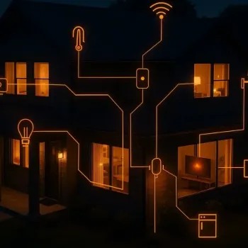 Smarthome mit digital vernetzten Geräten und leuchtenden Datenlinien.