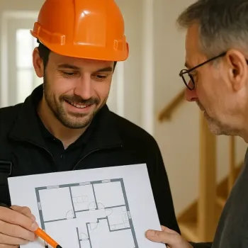 Techniker erklärt Glasfaserinstallation an Bauplan im Einfamilienhaus.